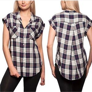 JACHS GIRLFRIEND Navy Red White Plaid Flannel Shirt Short Sleeves